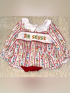 Boutique girls Dr. Suess embroidered bubble with Peter Pan collar, size 6-12 mos